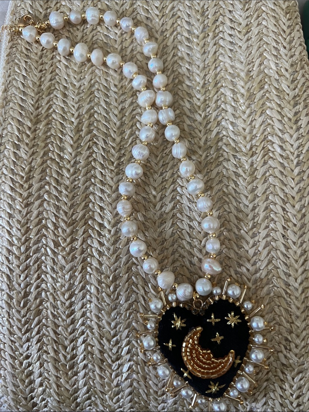 Pearl Beaded Heart Pendant Necklace with Gold Moon & Stars